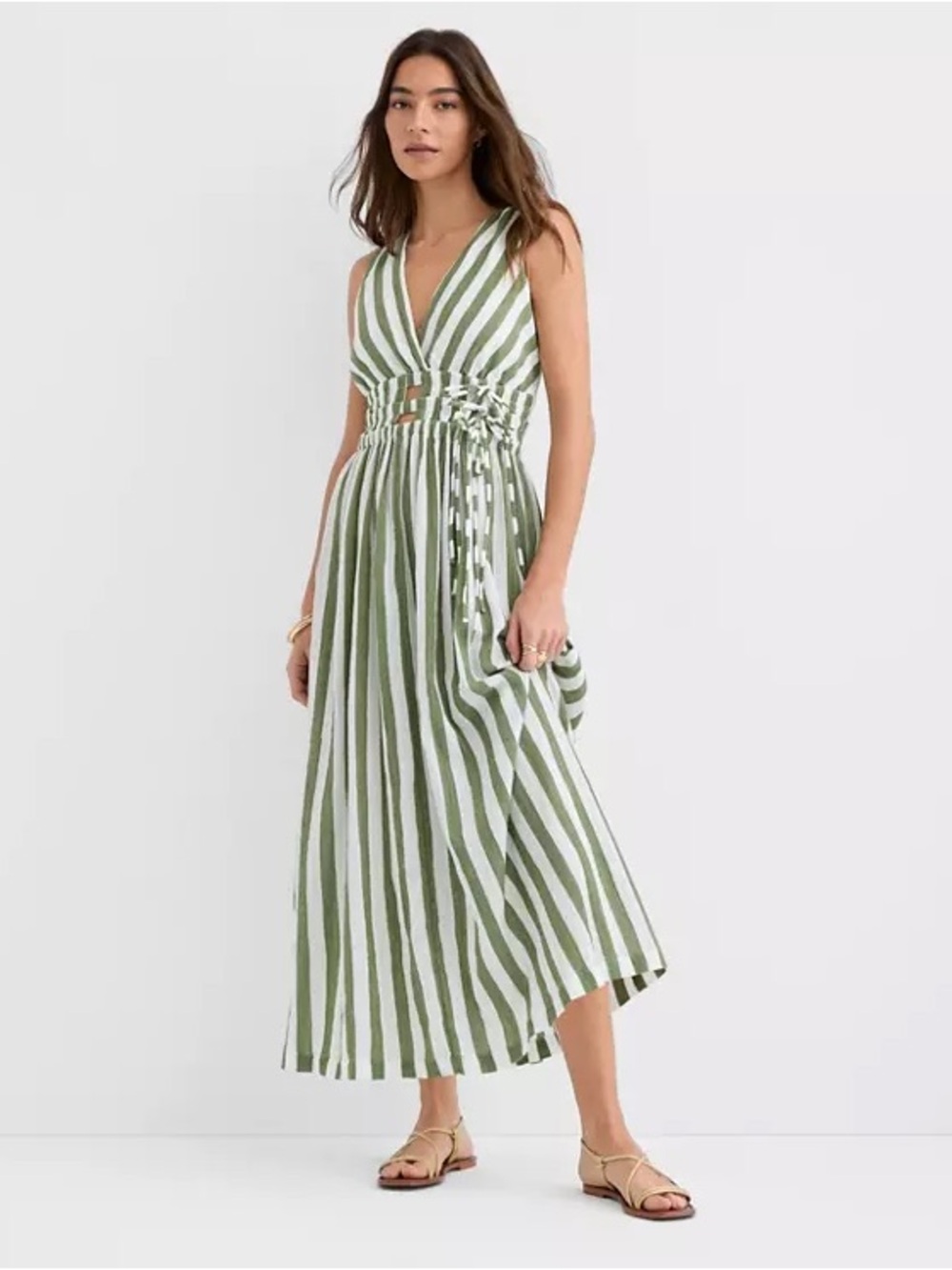 LOFT Olive and White Striped V-Neck Tie-Waist Midi Dress